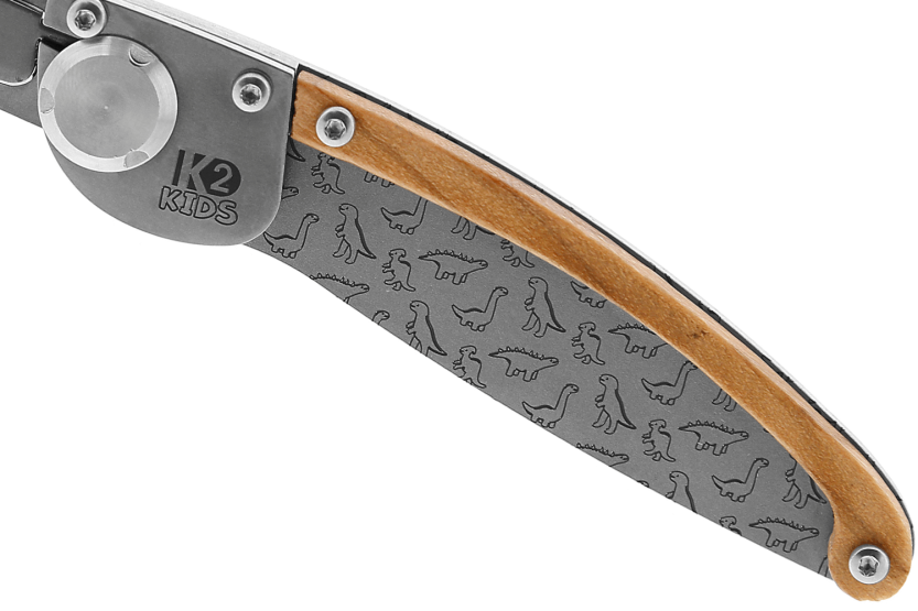 K2 Kids foldekniv 812172 håndtak i rustfritt stål med dinosaurdekor 9,5 cm + semsket slire