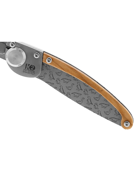 K2 Kids foldekniv 812172 håndtak i rustfritt stål med dinosaurdekor 9,5 cm + semsket slire