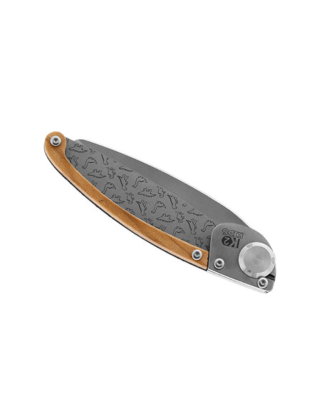 K2 Kids taittoveitsi 812172 ruostumattomasta teräksestä valmistettu kahva dinosauruskoristeella 9.5cm + mokkanahkainen tuppi