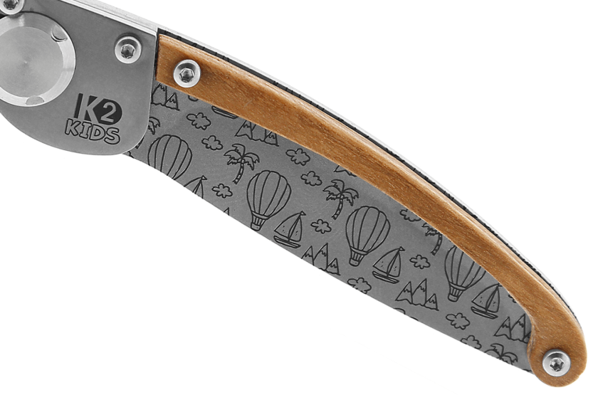 K2 Kids folding knife 812175 stainless steel handle with 9.5cm hot-air balloon design + suede sheath