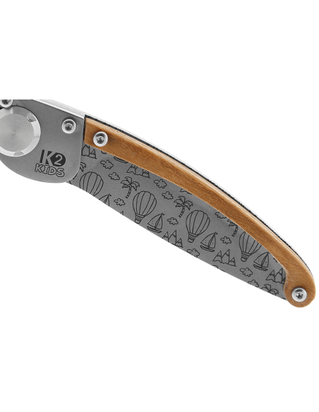 K2 Kids 812175 coltello pieghevole in acciaio inox con design a mongolfiera da 9,5 cm + fodero in pelle scamosciata