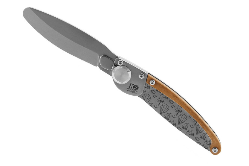 K2 Kids 812175 coltello pieghevole in acciaio inox con design a mongolfiera da 9,5 cm + fodero in pelle scamosciata