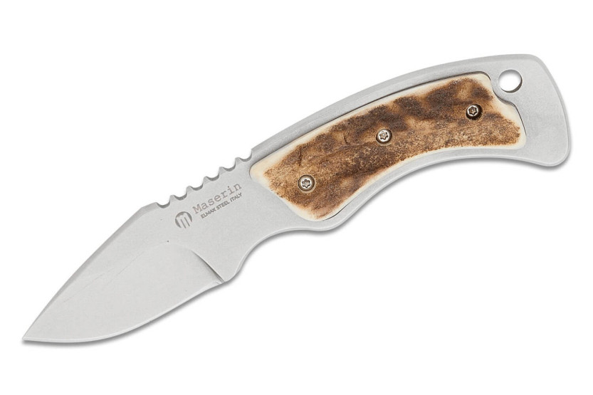 Cuchillo mini-trampero Maserin 924.CV2 con hoja de acero inoxidable de 6,5 cm y mango de asta de ciervo de 5,5 cm con funda