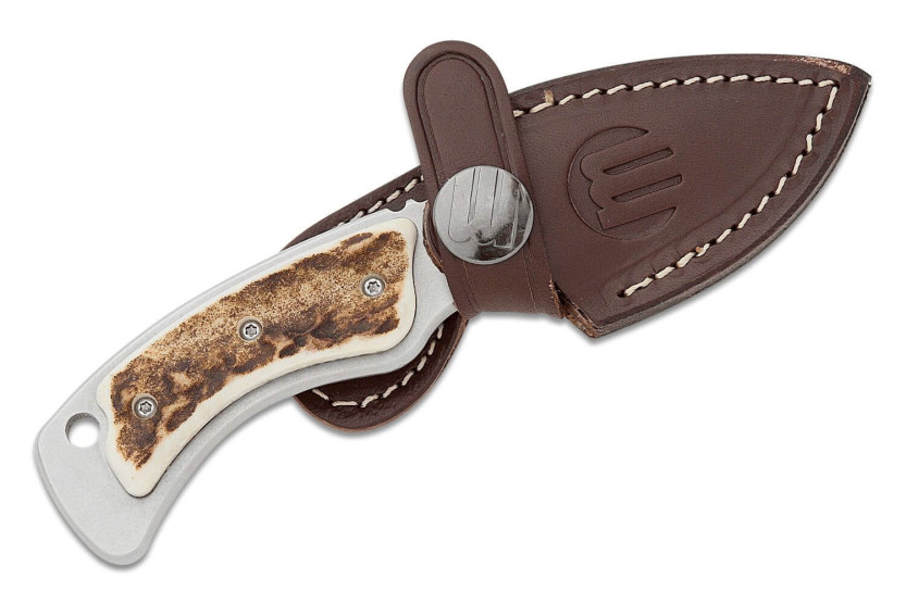 Faca Maserin mini-trapper 924.CV2 com lâmina de aço inoxidável de 6,5 cm e cabo de chifre de veado de 5,5 cm com bainha