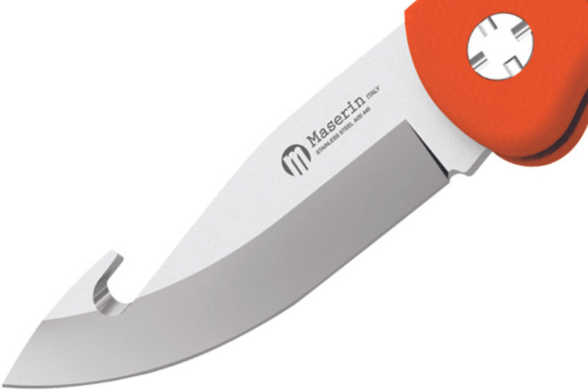 Maserin Skinner 763 cuchillo plegable hoja gancho mango guthook G10 naranja 12.5cm