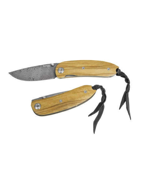 LionSteel Mini taittoveitsi damaskusteräs oliivipuinen kahva 8cm