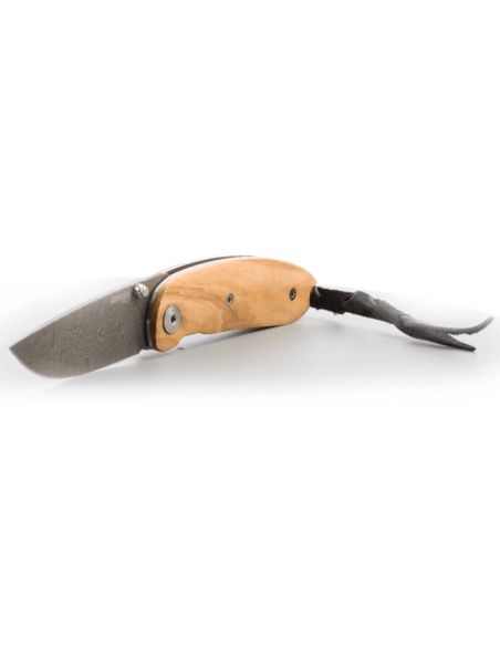 LionSteel Mini cuchillo plegable Acero de Damasco Mango de madera de olivo 8cm