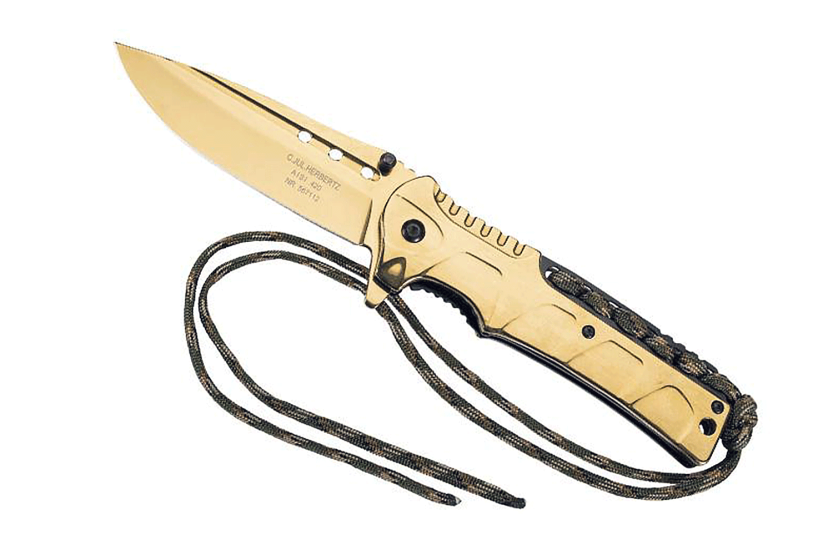 Klappmesser Herbertz 567112 Griff Edelstahl vergoldet 12cm + Paracord-Schnürsenkel