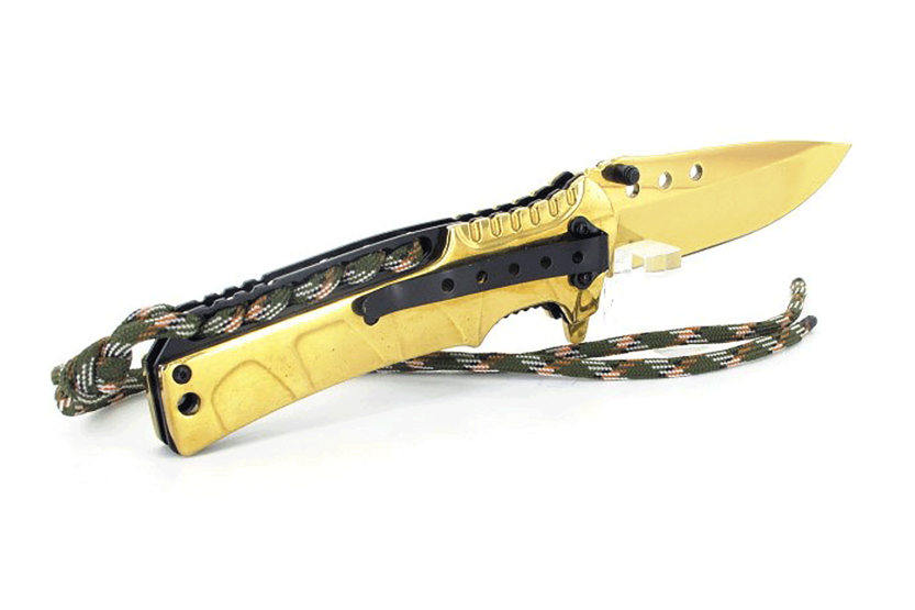 Herbertz 567112 coltello pieghevole con manico in acciaio inox placcato oro da 12 cm + laccio in paracord