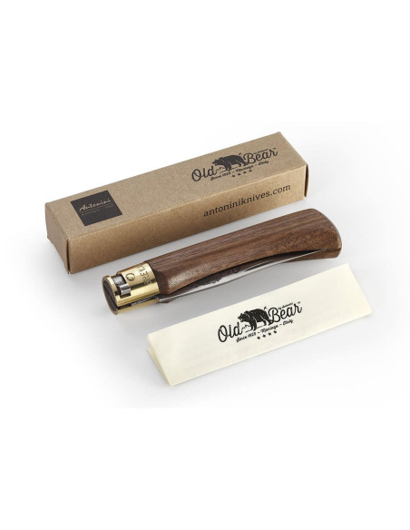Coltello artigianale Old Bear lama in acciaio inox da 8 cm manico in noce con ghiera