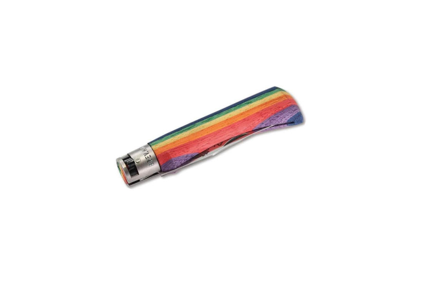 Cuchillo artesanal Old Bear Rainbow con mango de madera ayous laminada arco iris