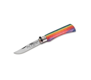 Cuchillo artesanal Old Bear Rainbow con mango de madera ayous laminada arco iris