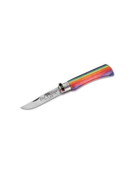 Cuchillo artesanal Old Bear Rainbow con mango de madera ayous laminada arco iris