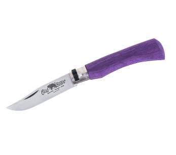 Handgefertigtes Messer Old Bear Full Color violett Griff aus laminiertem Ayous-Holz 2