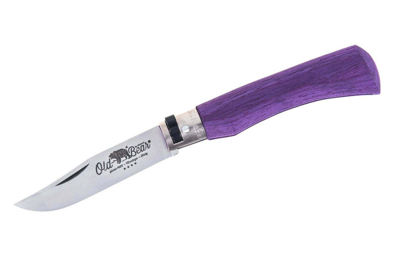 Coltello artigianale in legno di Ayous laminato viola a colori di Old Bear