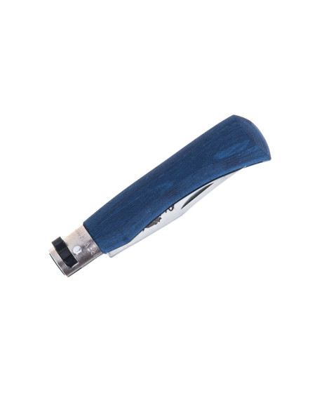 Coltello artigianale Old Bear con manico in legno Ayous laminato blu a colori