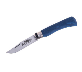 Coltello artigianale Old Bear con manico in legno Ayous laminato blu a colori