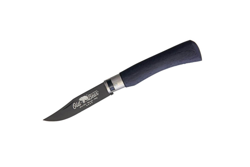 Handgefertigtes Messer Old Bear Total Black Griff aus laminiertem Ayous-Holz