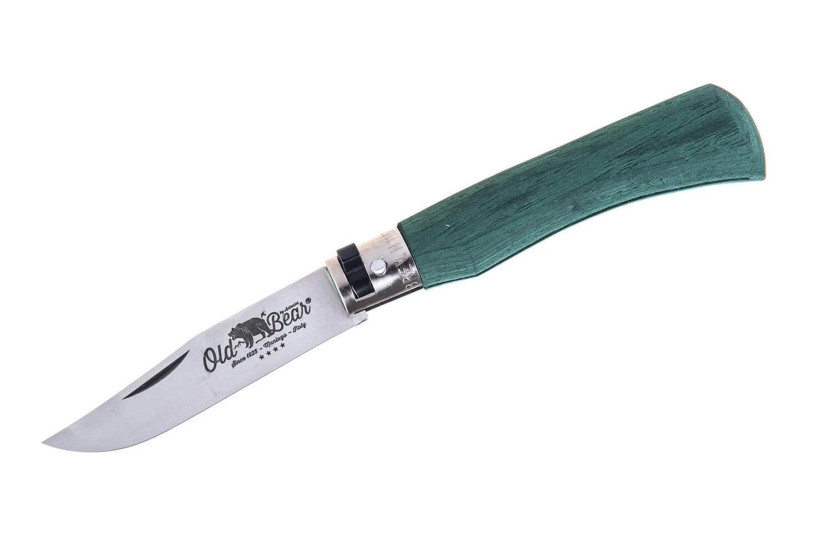 Coltello artigianale in legno di Ayous laminato verde a colori di Old Bear