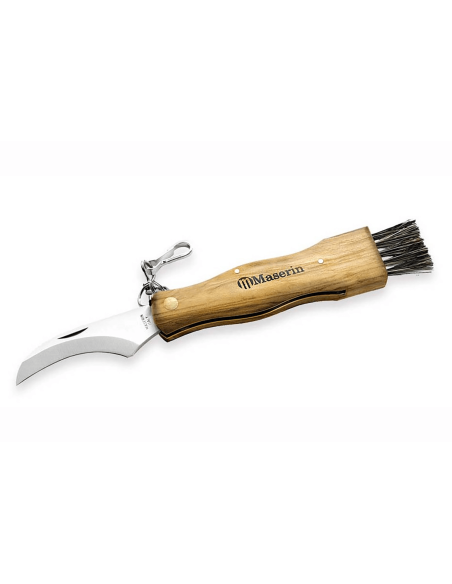 Coltello pieghevole per funghi Maserin in acciaio inox da 12 cm con manico in legno d'ulivo + spazzola integrata