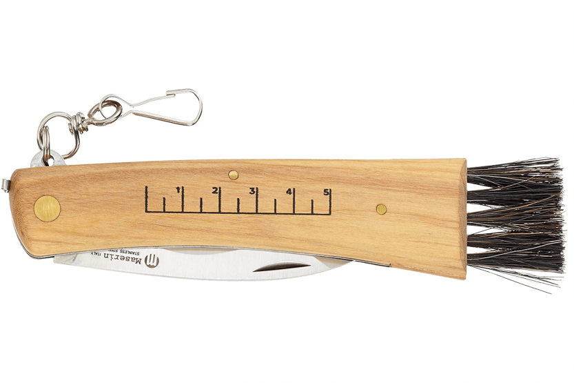Coltello pieghevole per funghi Maserin in acciaio inox da 12 cm con manico in legno d'ulivo + spazzola integrata