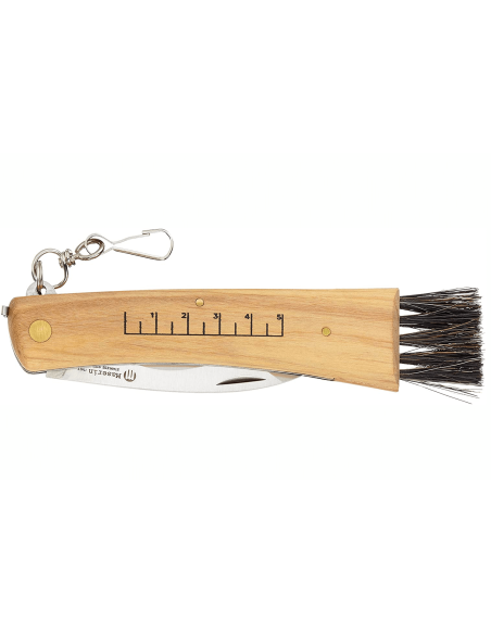Coltello pieghevole per funghi Maserin in acciaio inox da 12 cm con manico in legno d'ulivo + spazzola integrata