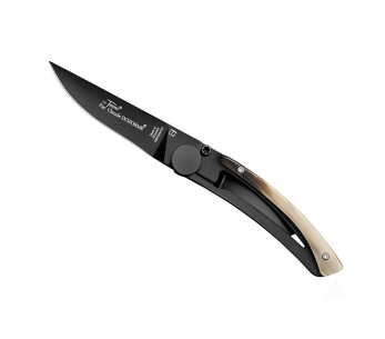 Le Thiers Liner Lock foldekniv Claude Dozorme svart stål lyst horn 10,5 cm