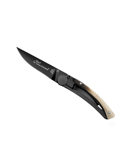 Le Thiers Liner Lock foldekniv Claude Dozorme sort stål lyst horn 10,5 cm