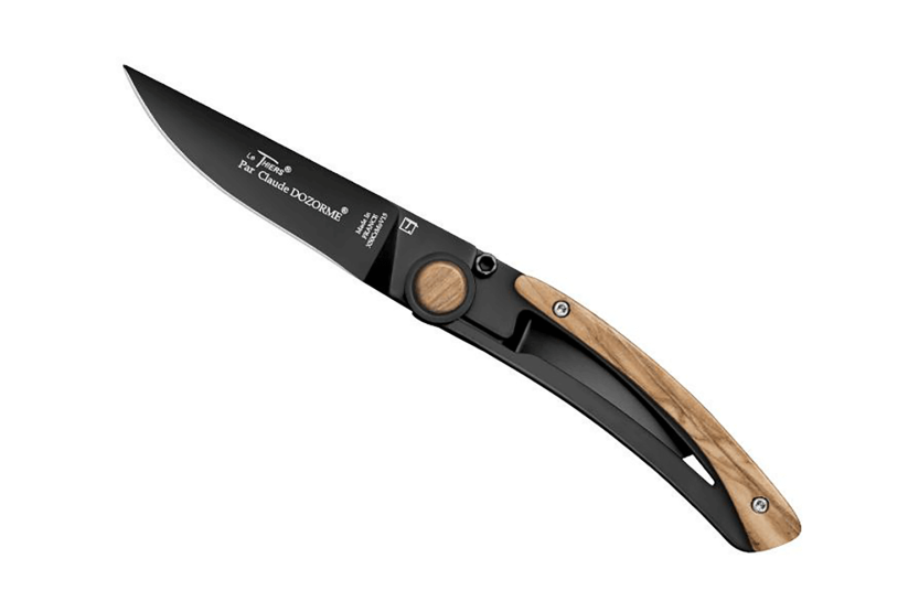 Le Thiers Liner Lock foldekniv Claude Dozorme sort stål oliventræ 10,5 cm