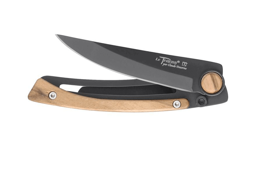 Le Thiers Liner Lock foldekniv Claude Dozorme sort stål oliventræ 10,5 cm