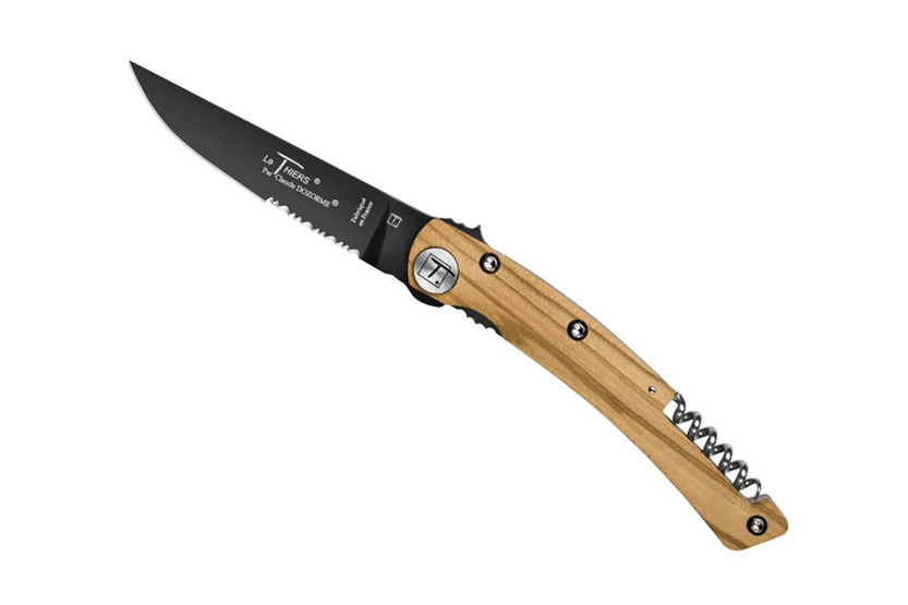 Foldekniv svart takket blad Le Thiers Liner Lock Claude Dozorme olivier 12,5cm