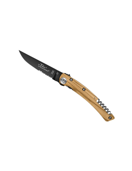 Foldekniv svart takket blad Le Thiers Liner Lock Claude Dozorme olivier 12,5cm