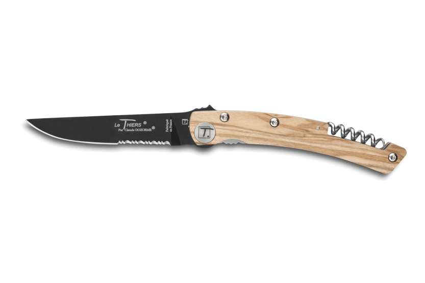 Foldekniv svart takket blad Le Thiers Liner Lock Claude Dozorme olivier 12,5cm