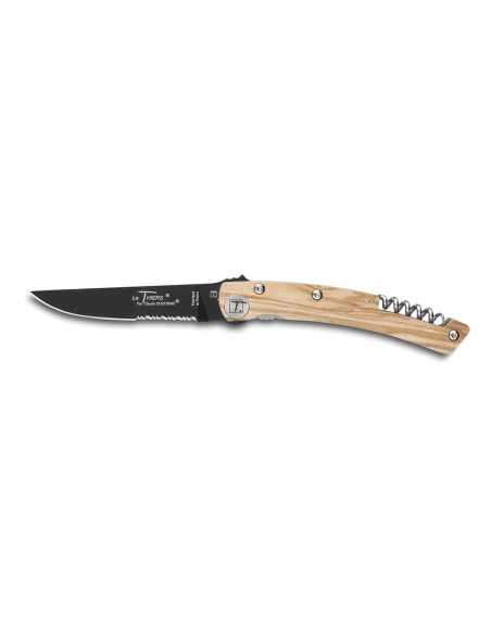 Foldekniv svart takket blad Le Thiers Liner Lock Claude Dozorme olivier 12,5cm