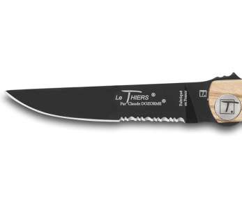 Faca dobrável, lâmina serrilhada preta Le Thiers Liner Lock Claude Dozorme madeira de oliveira 12,5cm 2