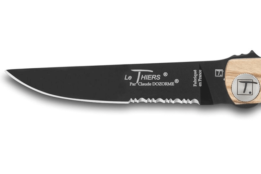 Foldekniv svart takket blad Le Thiers Liner Lock Claude Dozorme olivier 12,5cm
