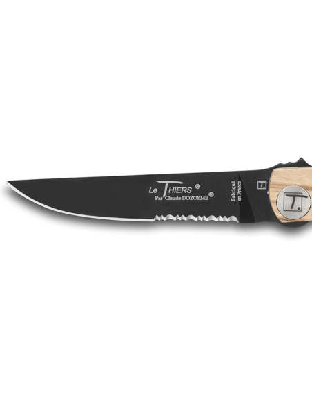 Folding knife black serrated blade Le Thiers Liner Lock Claude Dozorme olivier 12,5cm