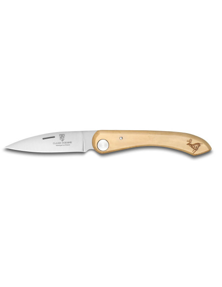 Claude Dozorme Cuchillo plegable capuchino mango de boj grabado ciervo 12,5cm