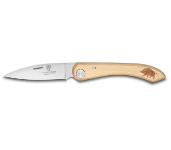 Claude Dozorme Cuchillo plegable Capucin Mango de madera de boj Grabado de jabalí 12,5cm
