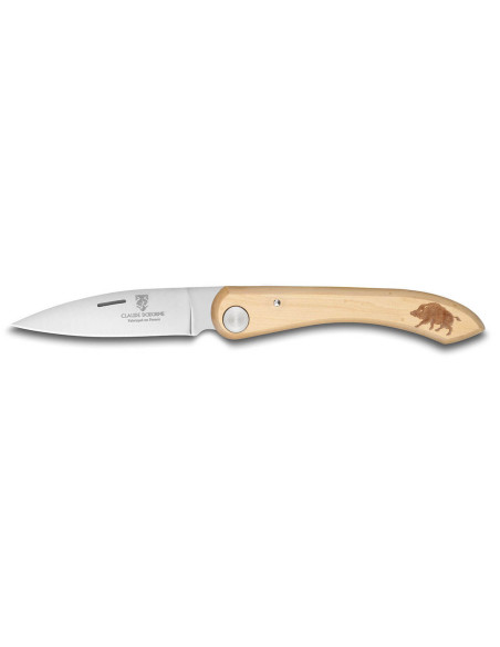 Claude Dozorme Capucin coltello pieghevole Manico in bosso Incisione su cinghiale 12,5 cm