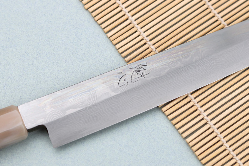 Faca japonesa yanagiba Nakamura Kaishin Ginsan Damascus 27cm feita à mão