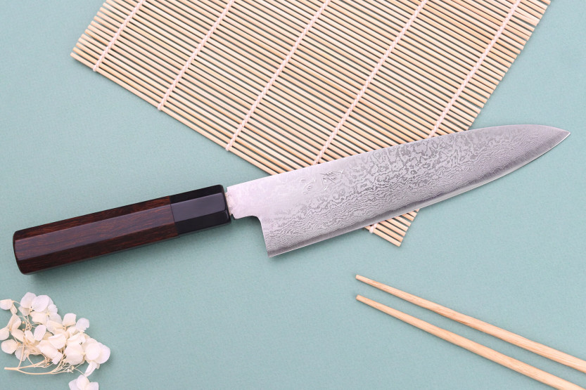Nakamura Kaishin Ginsan Damascus 21cm käsintehty japanilainen kokkiveitsi