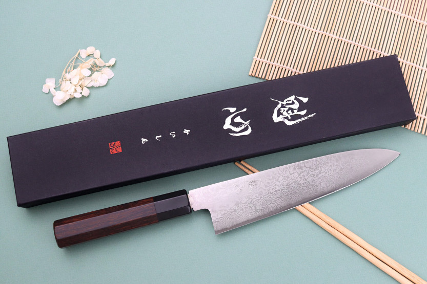Nakamura Kaishin Ginsan Damascus 21cm käsintehty japanilainen kokkiveitsi