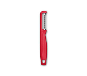 Victorinox Iota -kuorimaveitsi, jossa on sahalaitainen terä ja punainen kahva. 2