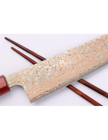 Cuchillo de cocinero tradicional japonés Takeshi Saji VG10 Rainbow Nashiji de 21cm