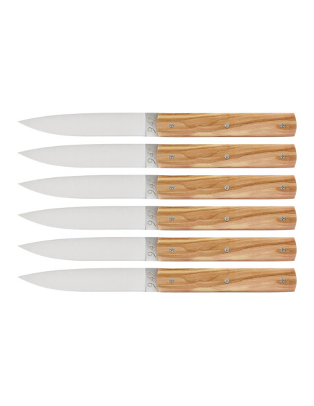 Set mit 6 handgefertigten Tafelmessern Perceval 9.47 aus Olivenholz