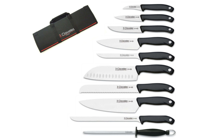 Estuche de cuchillos EVO con 9 cuchillos para chefs + chaira 3 Claveles