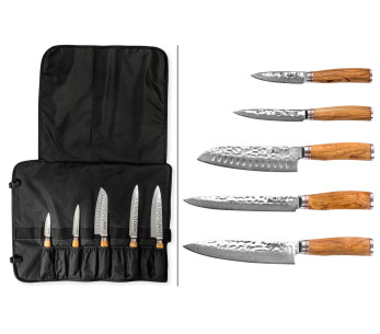Set van 5 Wusaki Damascus 10Cr olijfhouten keukenmessen