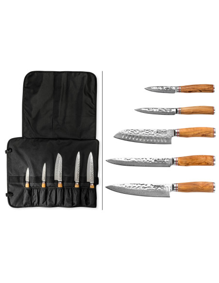 Set di 5 coltelli da cucina Wusaki Damasco 10Cr con manico in legno d'ulivo