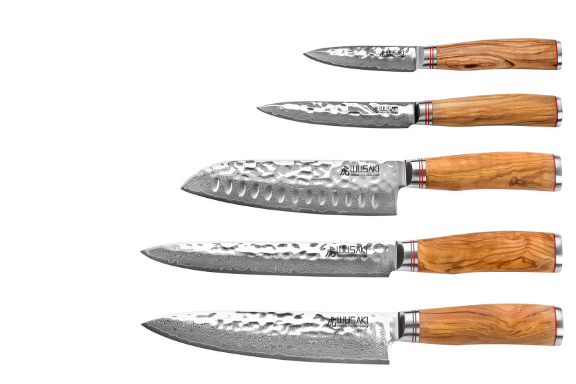 Sett med 5 Wusaki Damascus 10Cr kjøkkenkniver med håndtak i oliventre